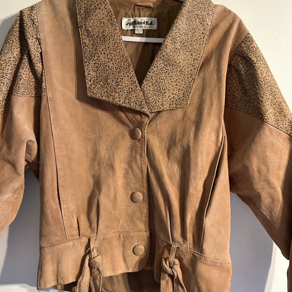 Vintage Camel Leather Jacket with Cheetah Print Accents